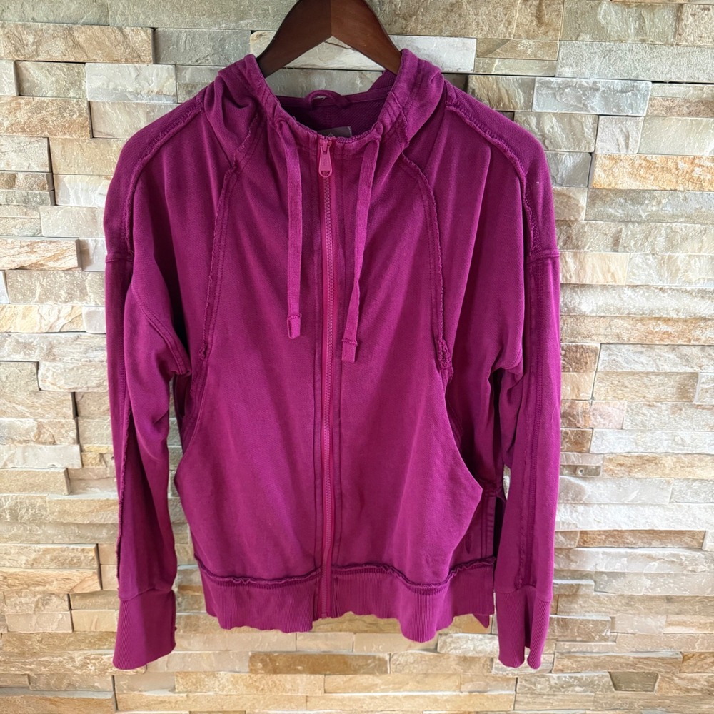 Free People Movement Berry Purple Cotton Raw Seam Zip Up Hoodie Oversized Small